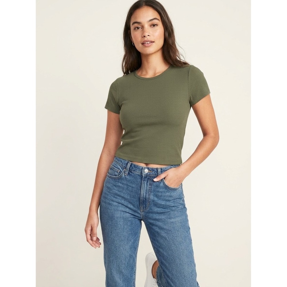 Old Navy Womens Ribbed Short Sleeve Crop Top Olive Green Crew Neck Size M